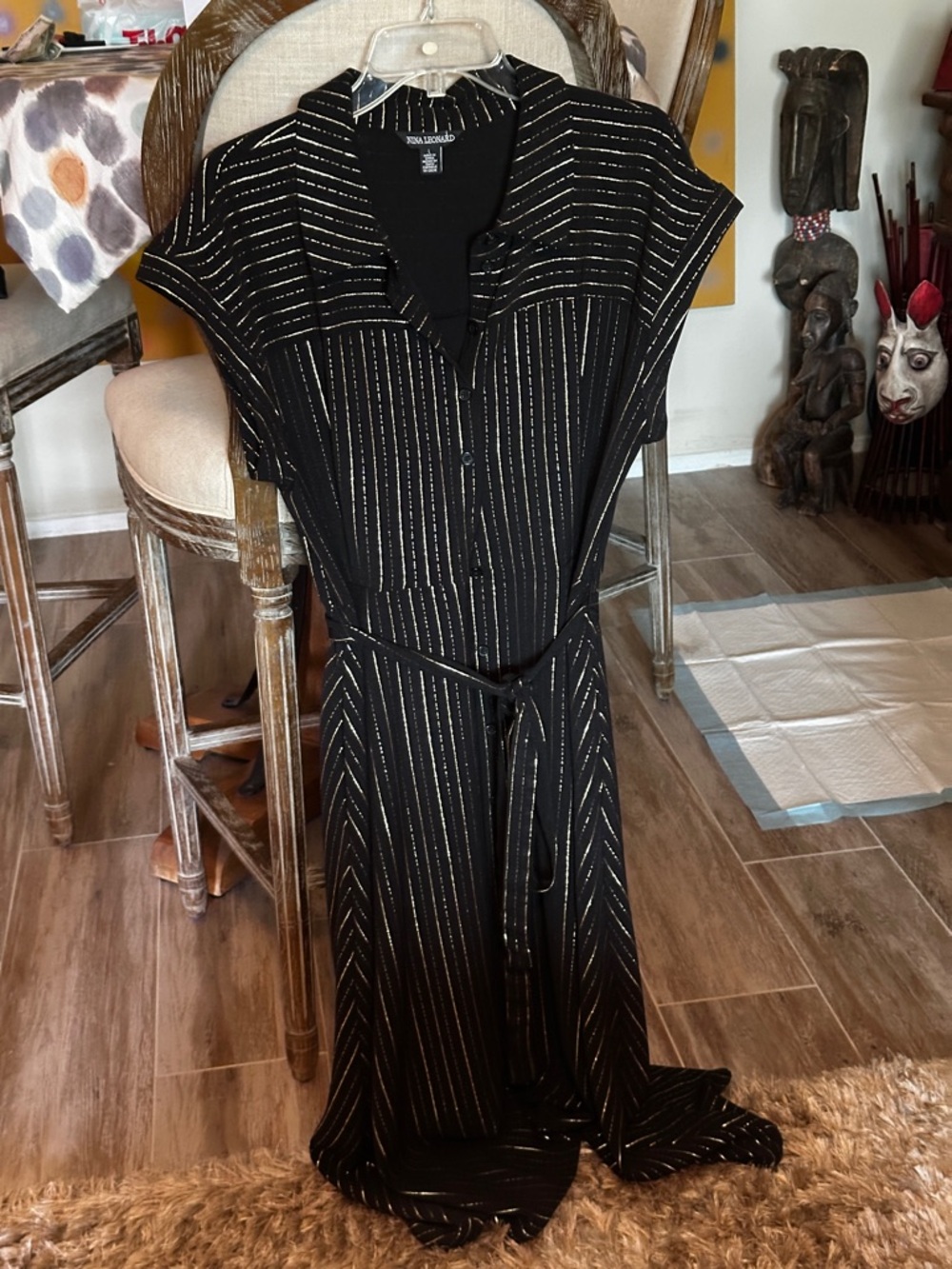 Nina Leonard Black Maxi Dress with Gold Metallic Pinstripes